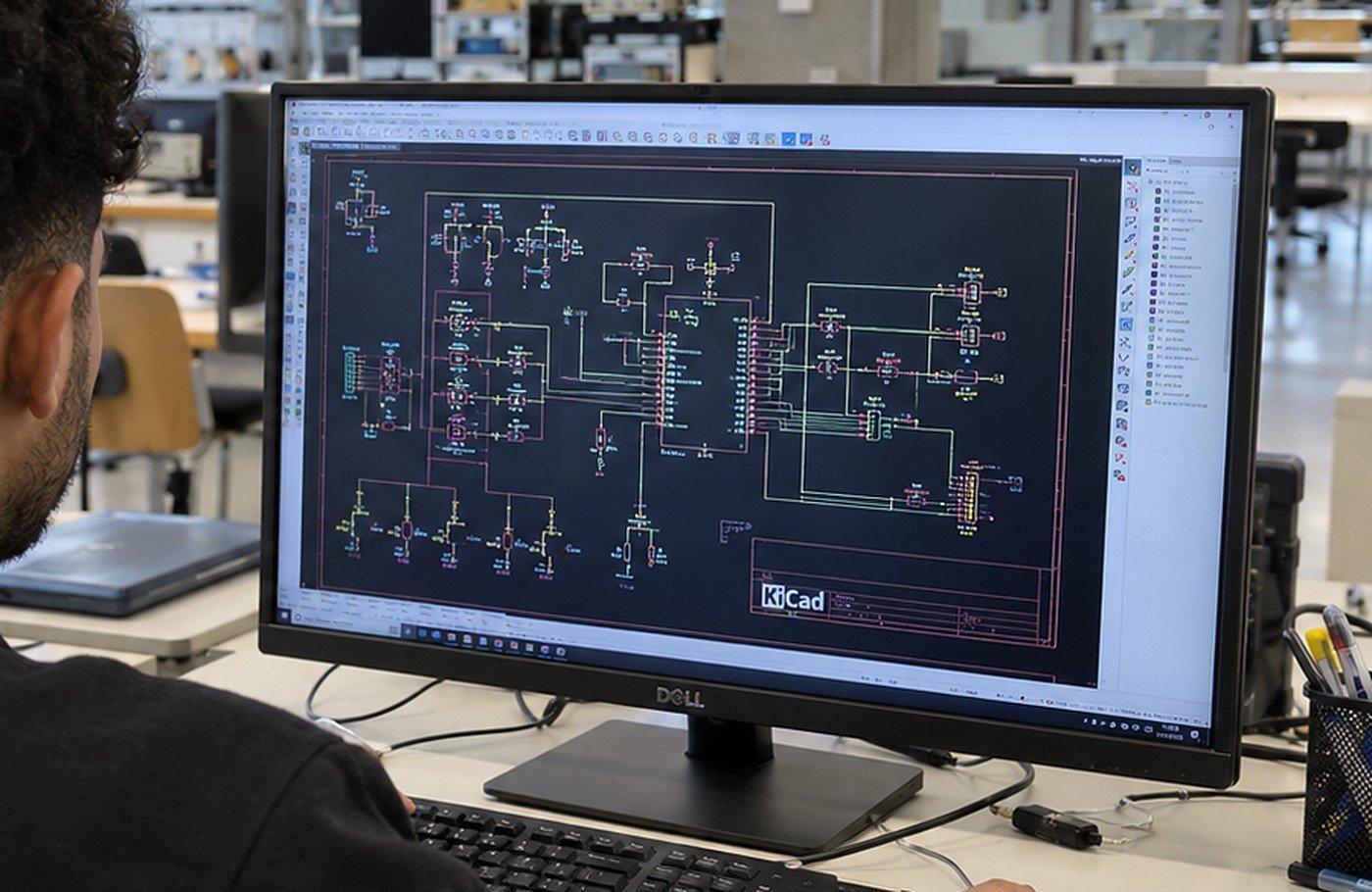 Un schéma électronique dessiné dans KiCad sur l'écran d'un étudiant