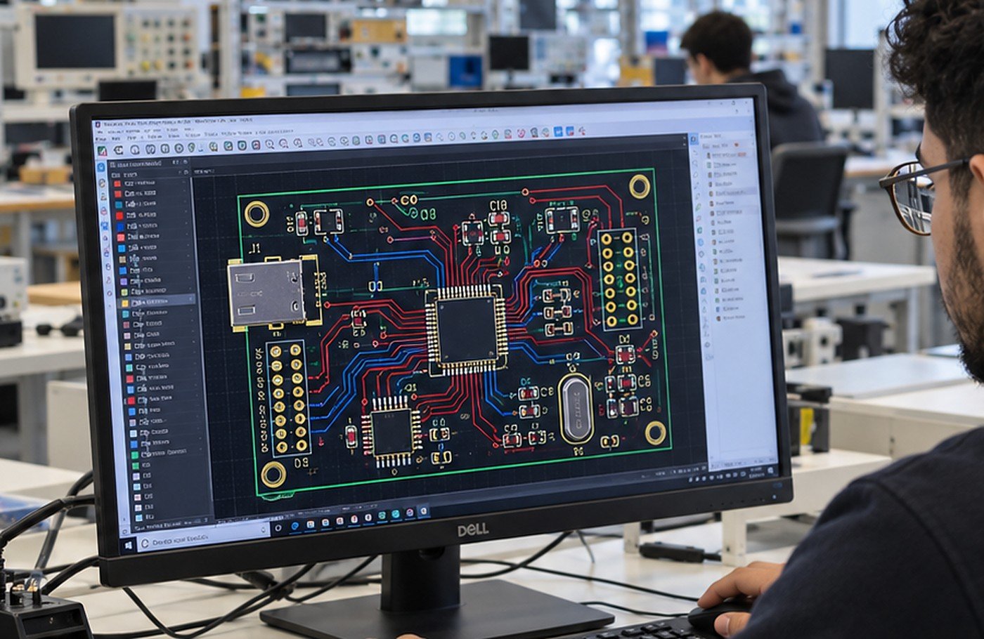 Routage d'une carte PCB dans KiCad sur l'écran d'un étudiant : pistes rouges et bleues